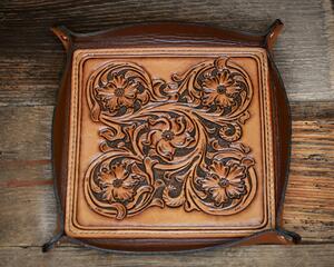Hand tooled leather valet tray in western sheridan style